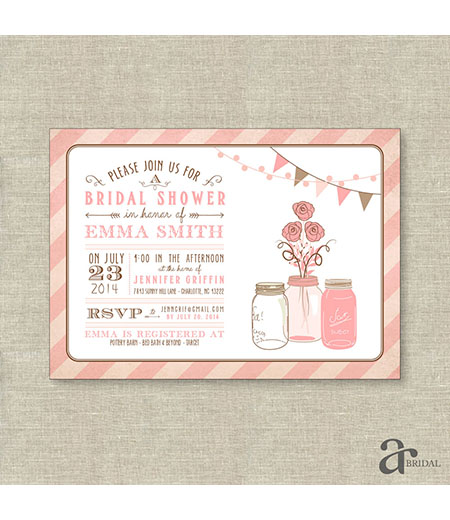 Mason Jar Bridal Shower, Birthday Party or Baby Shower Printable Invitation - Emma Collection - Pink
